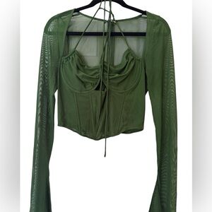 Fashion Nova Green Ruched Tie Front Long Sleeve Blouse